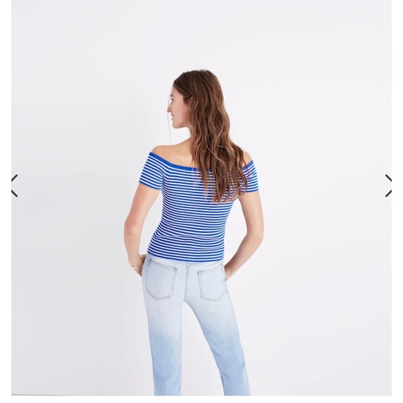 Madewell Off-the-Shoulder Sweater in Blue Stripe - size M - NWT - Picture 3 of 8